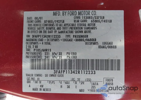 2002 Ford Escort Zx2 z USA, uszkodzony, nr VIN 3FAFP11342R112233